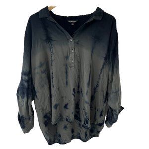 Rock & Republic Black Green Tie Dye Grunge Quarter Button Roll Tab Sleeve Top XL